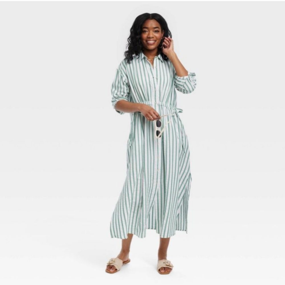 Long sleeve, cinched waist, maxi shirt dress